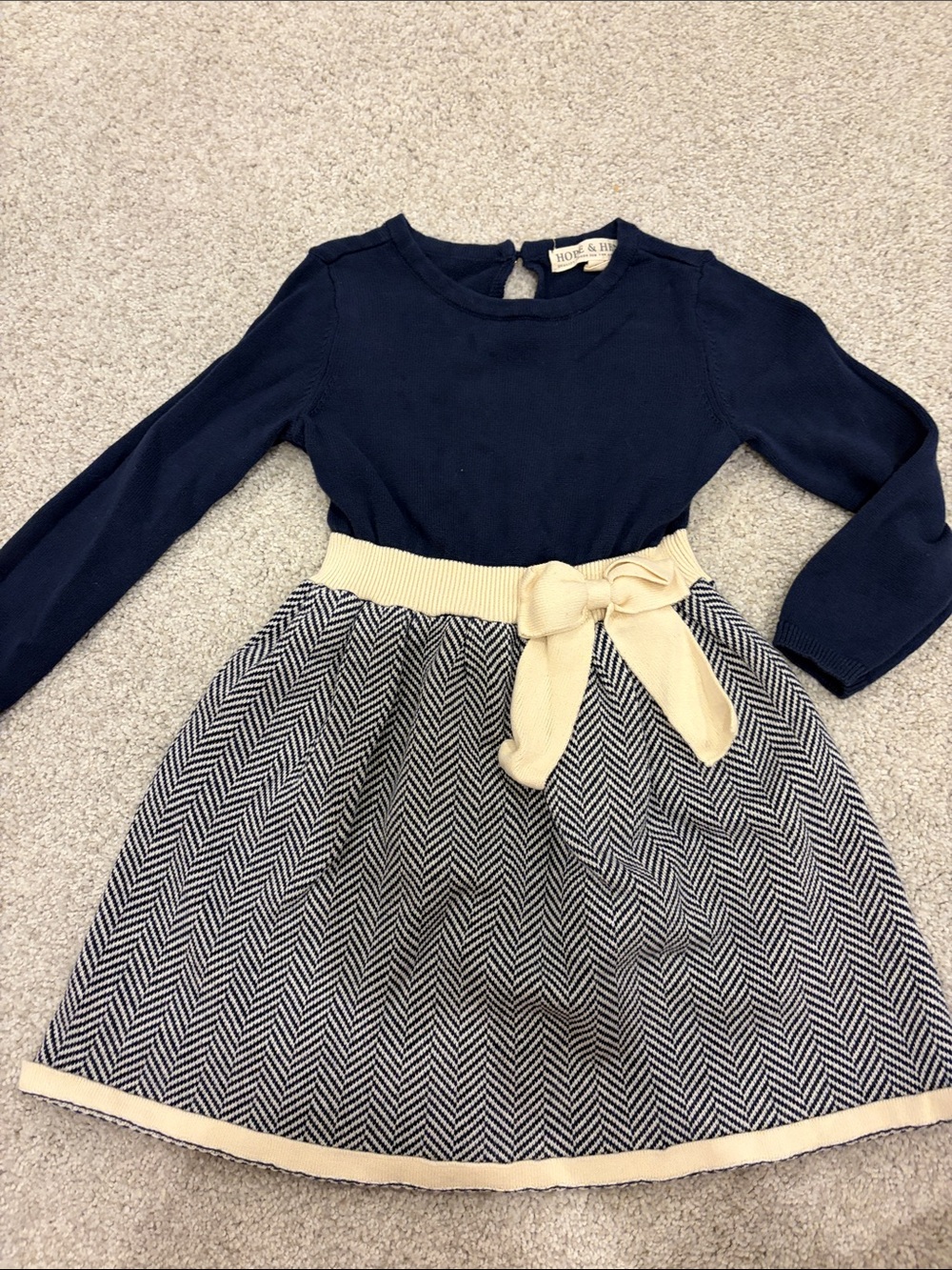 Navy & Cream Knit Herringbone Girls' Dress with Waist Tie